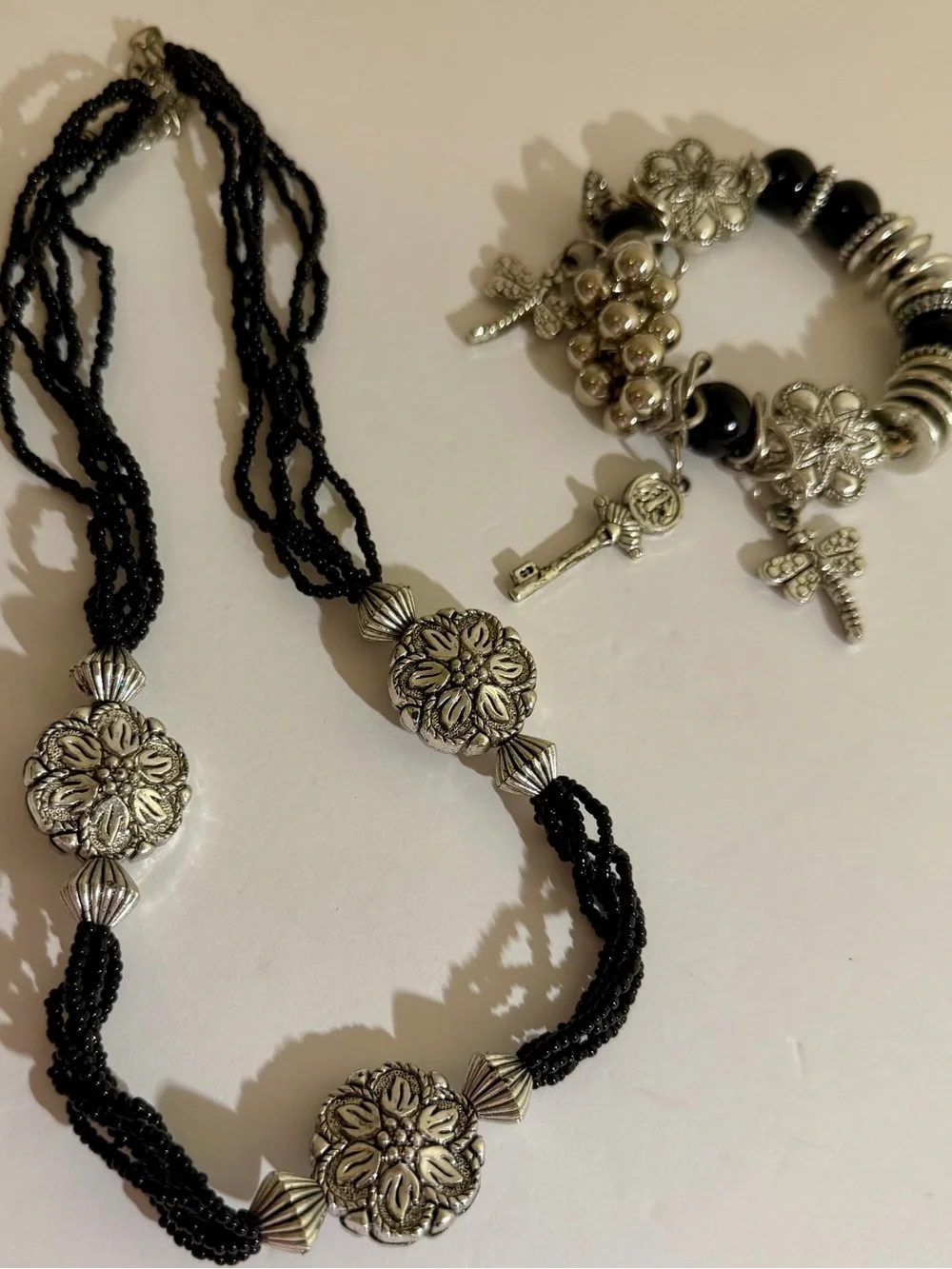 Black Beaded Multi Strand Necklace and Charm Bracelet Silver Tone Jewelry Set